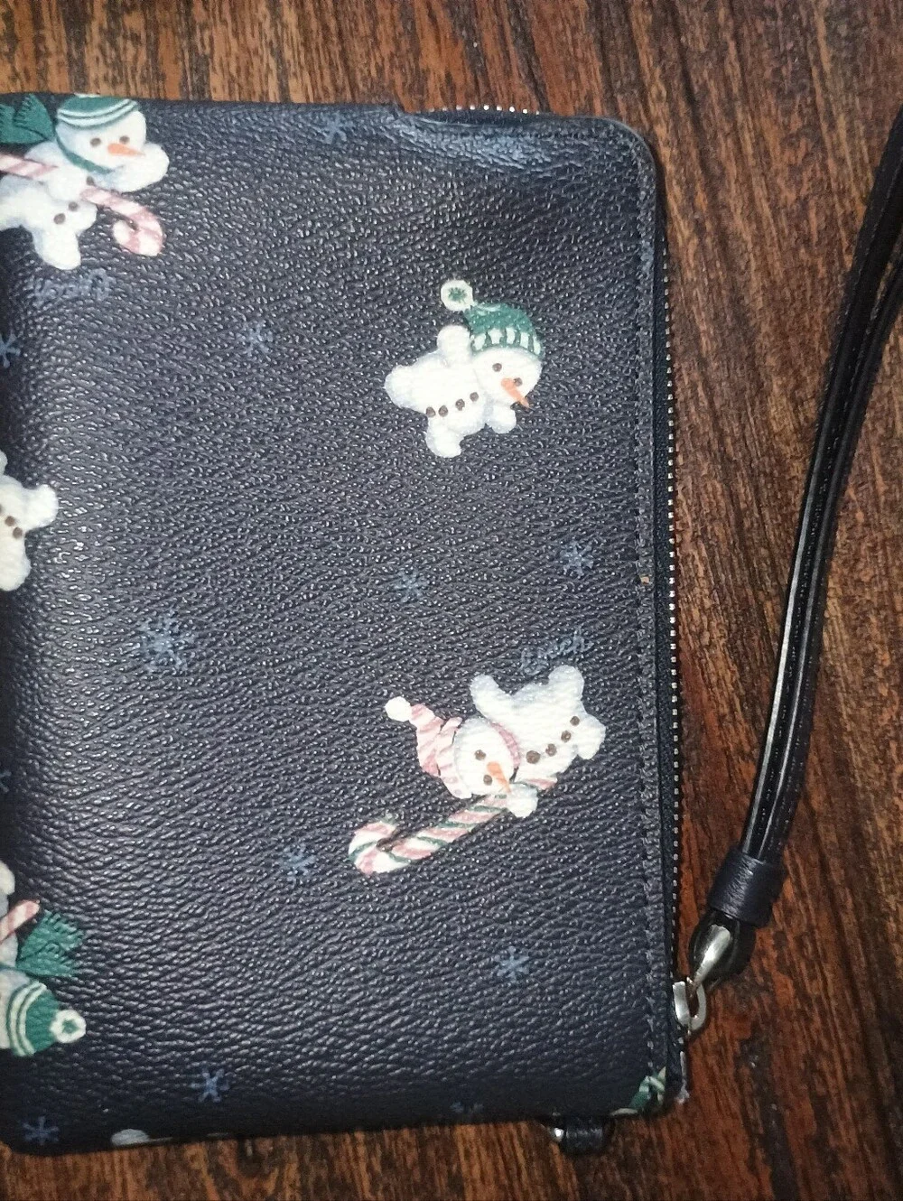 Coach Black Wristlet with Snowman Candy-Cane Print Gift Festive